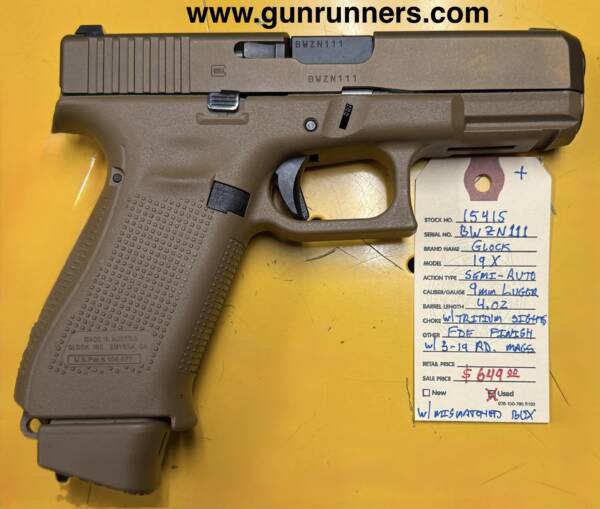 Glock Model 19X, 9mm Luger caliber, semi-auto pistol, w/3-19 round magazines, tritium sights, and mis-matched box.