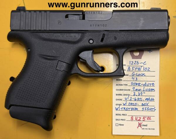 Glock 43, sub-compact, 9mm Luger caliber, semi-auto pistol, w/tritium sights