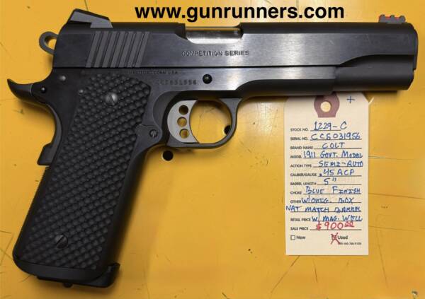 Colt, 1911 semi-auto pistol, Series 70 style, .45ACP caliber, 5” barrel, blued finish, single-action.