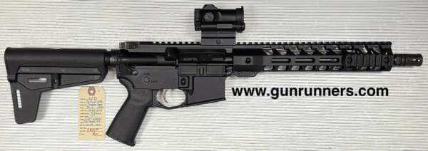 PA-15, 5.56mm caliber, semi-auto pistol, 12” barrel, w/pistol brace & red dot optical sight.