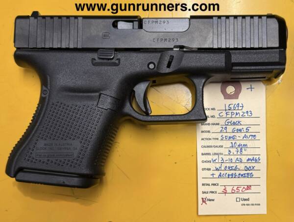 Glock Model 29, Gen. 5, 10mm caliber, semi-auto pistol, w/3-10 round magazines, new w/box & accessories.