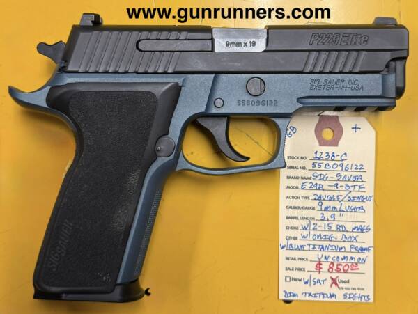 SIG-Sauer, P-229, 9mm Luger caliber, double-action, semi-auto pistol, w/3.9” barrel, 2-15 round magazines, Short Reset Trigger (SRT), dim tritium sights, and original box.