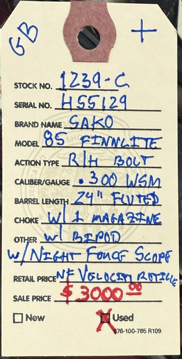 SAKO 85 Finnlight, (used) stainless/synthetic, .300 WSM caliber, R/H bolt, 24” barrel, w/bipod, w/NightForce telescopic sight. - Image 2