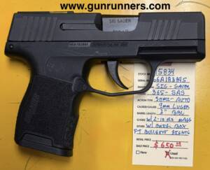 SIG-Sauer, (used), P365 SAS, (SIG Anti Snag), semi-auto pistol, 9mm Luger caliber, 3” barrel, F-T Bullseye sights, 2-10 round magazines, w/original box & accessories.  This is used, but like new!