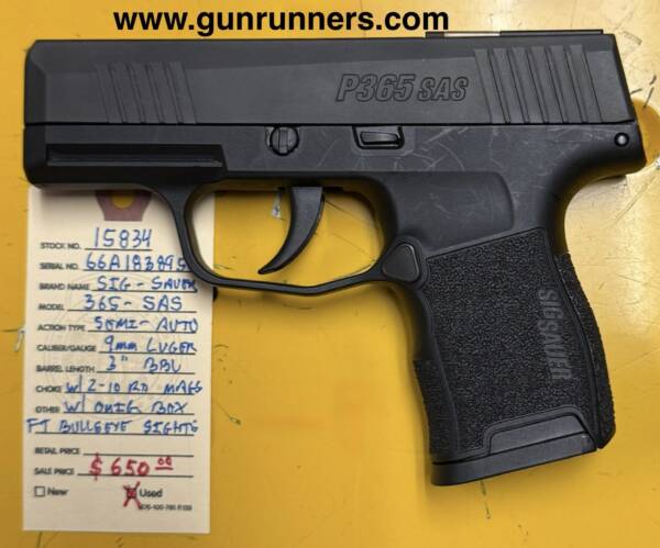 SIG-Sauer, (used), P365 SAS, (SIG Anti Snag), semi-auto pistol, 9mm Luger caliber, 3” barrel, F-T Bullseye sights, 2-10 round magazines, w/original box & accessories.  This is used, but like new! - Image 2