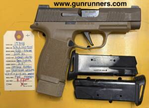 SIG-Sauer, used, P365XL, 9mm Luger caliber, semi-auto pistol, FDE finish, optics ready, tritium sights, 1-15 round magazine & 2-12 round magazines.  This pistol is used, with finish wear, but is 100% functional.