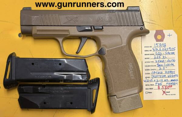 SIG-Sauer, used, P365XL, 9mm Luger caliber, semi-auto pistol, FDE finish, optics ready, tritium sights, 1-15 round magazine & 2-12 round magazines.  This pistol is used, with finish wear, but is 100% functional. - Image 2