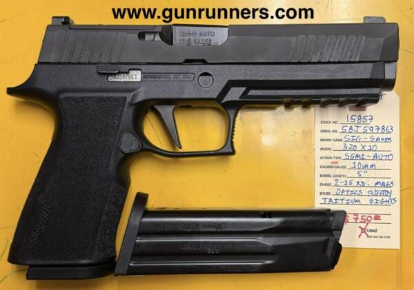 SIG-Sauer, P320X-10, 10mm caliber, used, semi-auto pistol, 2-15 round magazines, optics ready, tritium sights, used/excellent.