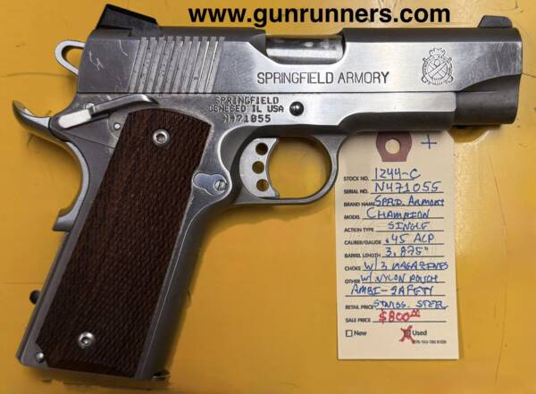 Springfield Armory, Champion, used, 1911 single-action, semi-auto pistol, stainless steel, ambi-safety, .45 ACP caliber, 3.875” barrel, w/3 magazines, and a nylon pouch.