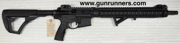Daniel Defense, used, Model DDM4V9, 5.56mm caliber, semi-auto rifle, 16” chrome lined and hammer forged barrel, 1-7” rifling, full 1913 rail and folding iron sights.  This rifle has a lifetime, transferrable warranty and is in excellent condition.