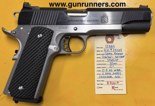 Springfield Armory, Ronin, used, 10mm caliber, 5” barrel, bi-tone finish, 1911 single-action, semi-auto pistol, w/2 magazines, 2 sets grips, and original box and papers.
