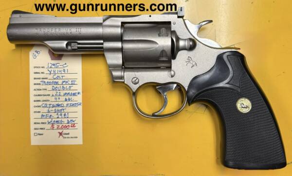 Rare!  Colt Trooper MK III, used, .22 Magnum caliber, Coltguard finish (electroless nickel), 4” barrel, 6-shot, double action revolver, manufactured in 1981.  This revolver has the original box, but sadly the “label” end has been torn off. - Image 2