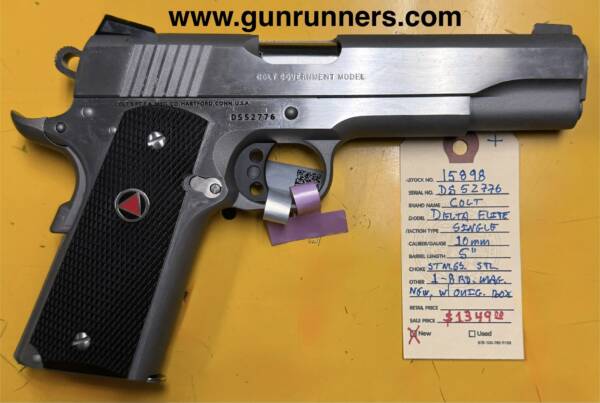 Colt, Delta Elite, 10mm caliber, 5” barrel, stainless steel, 1911 single-action, semi-auto pistol, w/1-8 round magazine.  Absolutely new in box and just arrived!