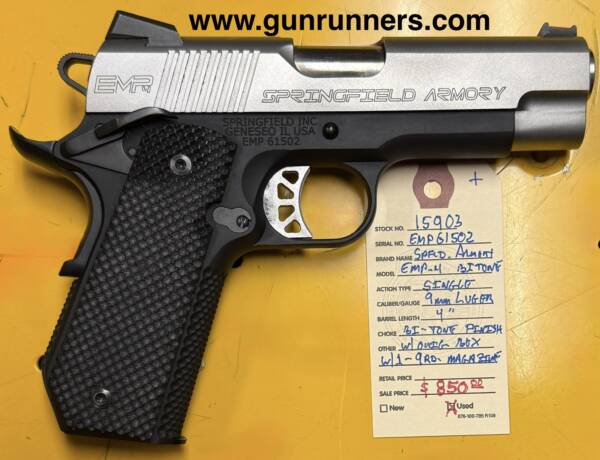 Springfield Armory, model EMP-4, used, 9mm Luger caliber, bobtail frame, bitone finish, single-action semi-auto pistol, w/1-9 round magazine, w/original box and manual.  This pistol is in excellent condition.