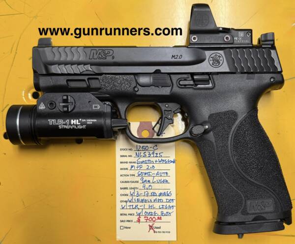 Smith & Wesson, M&P9 M2.0, used, 9mm Luger caliber, semi-auto pistol, 4.0” barrel, 3-17 round magazines, TLR-1 HL weapon light, Leupold Delta Point Pro w/2.5 MOA dot, 4 back straps, holster body, and original box.  This pistol is in excellent condition. - Image 2