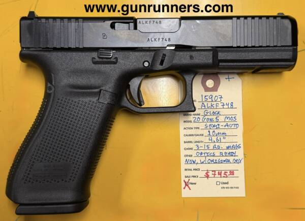 Glock Model 20, Gen. 5 MOS, 10mm caliber, semi-auto pistol, optics ready, 4.6” barrel, 3-15 round magazines, just arrived and absolutely new in box!