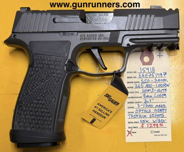 SIG-Sauer, P365 AXG Legion, 9mm Luger caliber, semi-auto pistol, 3.1” barrel, ported slide, optics ready, tritium sights, 3-17 round magazines, absolutely new in box and it just landed!