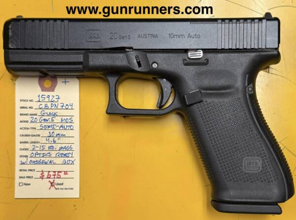 Glock, used, Model 20 Gen. 5 MOS, 10mm caliber, optics ready, semi-auto pistol, 4.6” barrel, 2-15 round magazines, original box.  This pistol has very slight wear on it, but is fully functional. - Image 2