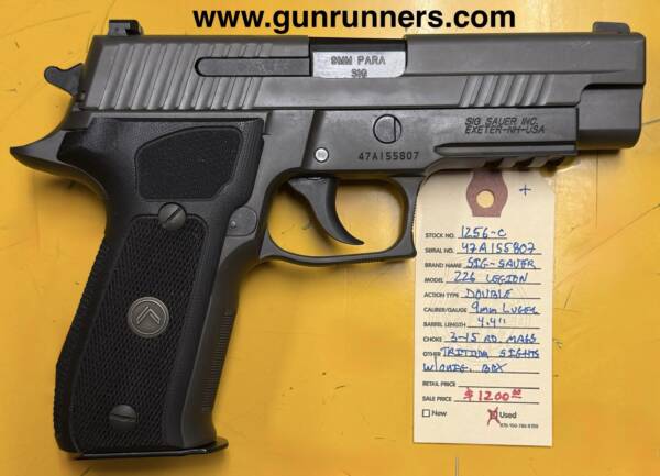 SIG-Sauer, used, P226 Legion, 9mm Luger caliber, double-action semi auto pistol, 4.4” barrel, tritium sights, 3-15 round magazines, w/ original box and accessories.  This pistol is in used/excellent condition!