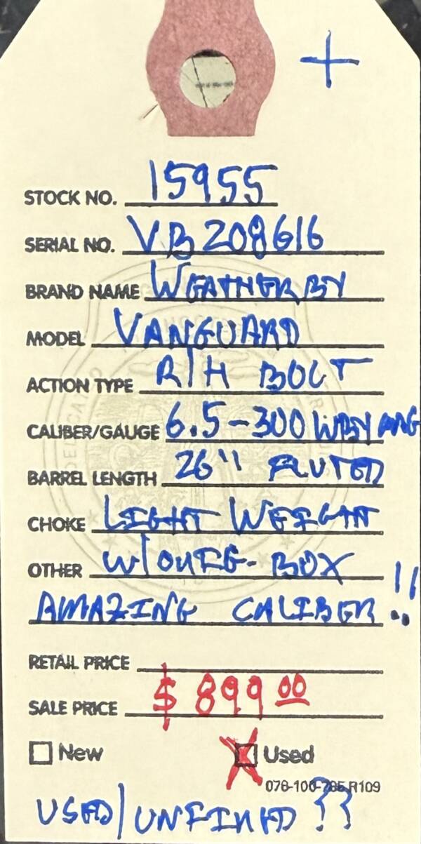 Weatherby, (used/unfired?), Vanguard, 6.5-.300 Weatherby Magnum caliber, right-hand bolt action, 26” fluted barrel, light weight rifle, w/camouflage stock, and original box. - Image 2