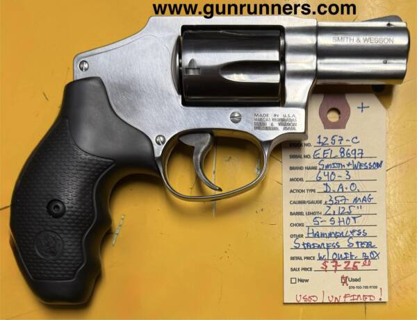 Smith & Wesson, used/unfired, Model 640-3, 2.125” barrel, .357 Magnum caliber, hammerless (DAO) revolver, 5-shot, stainless steel, with original box.  Excellent pocket carry revolver!