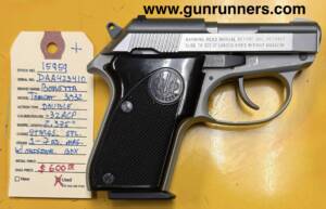 Beretta, used, Model 3032 Tomcat, .32 ACP caliber, tip-up barrel, double-action, semi-auto pistol, 2.375” barrel, stainless steel, original box, w/1-7 round magazine.  Used, but excellent condition.