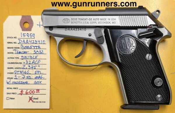 Beretta, used, Model 3032 Tomcat, .32 ACP caliber, tip-up barrel, double-action, semi-auto pistol, 2.375” barrel, stainless steel, original box, w/1-7 round magazine.  Used, but excellent condition. - Image 2