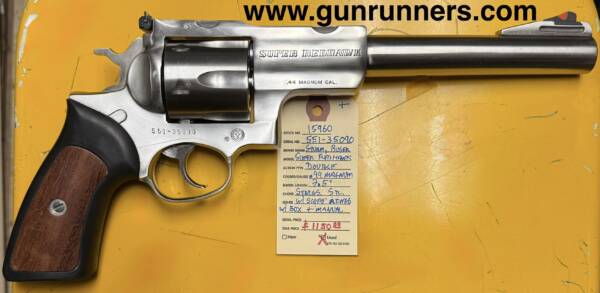 Ruger Super Redhawk, used, .44 Magnum caliber, stainless steel, double-action revolver, 7.5” barrel, 1” scope rings, with original box and manual.  Used/excellent condition.