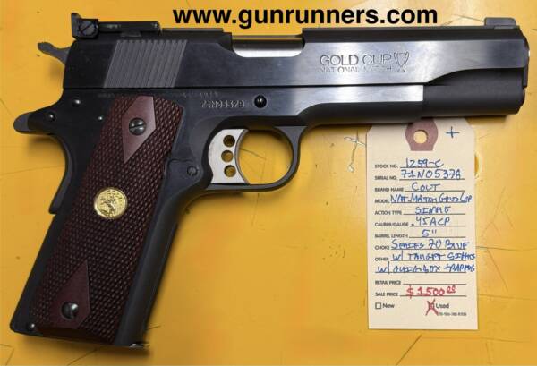 Colt, (used/unfired?), National Match Gold Cup, .45 ACP caliber, Series 70, blued finish, 5” barrel, single action, semi-auto pistol, 3 Colt magazines, original box and papers.