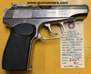 Imez, (Russian manufacture), used, Makarov IJ-70, .380 ACP caliber, double-action, semi-auto pistol, stainless/nickel/chrome finish, manual safety, adjustable sights, 3.6” barrel, w/1 magazine.