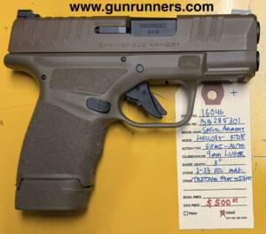 Springfield Armory, used, Hellcat, 9mm Luger caliber, semi-auto pistol, FDE finish, 3” barrel, tritium front sight, w/1-13 round magazine.