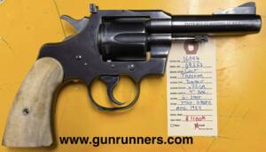 Colt, used, Trooper, .22LR caliber, 6-shot, 4” barrel, blued finish, double action revolver, adjustable sights, stag grips, manufactured in 1954.   This revolver is a classic with a super smooth double action trigger pull.