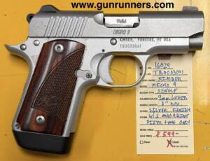 Kimber, used, Micro 9, 9mm Luger caliber, mini 1911 single action semi auto pistol, 3” barrel, silver finish, w/1 magazine.