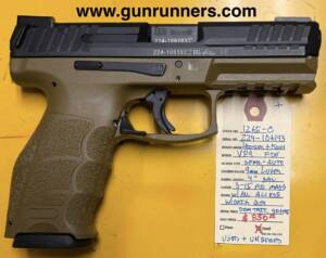 Heckler and Koch, used/unfired/new, VP-9 FDE, 9mm Luger caliber, striker fired semi auto pistol, 4” barrel, 3-15 round magazines, w/box and all accessories.