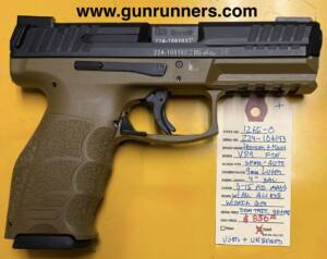 Heckler and Koch, used/unfired, VP-9, 9mm Luger caliber, FDE finish, striker fired, semi auto pistol, 4” barrel, dim tritium sights, 3-15 round magazines, w/original box and accessories.