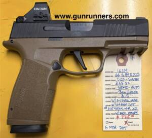 SIG-Sauer, used, P365 XL, 9mm Luger caliber, striker fired semi auto pistol, 3.5” barrel, 1-17 round magazine, 2 extra backstraps, Holosun HE407K-GR X2 6 MOA green dot.  This pistol is in excellent condition.