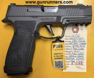 SIG-Sauer, P365 AXG Legion, 9mm Luger caliber, semi auto pistol, tritium sights, optics ready, 3.1” barrel, ported slide, 3-17 round magazines.  New, w/box and all accessories.
