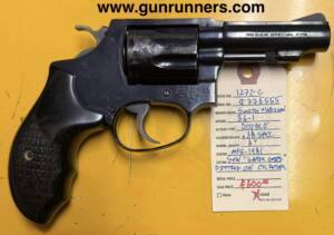 Smith & Wesson, used, Model 36-1, .38 Special caliber, double action revolver, blued finish, uncommon 3” barrel, 5 shot, S&W “gator grips”, manufactured 1981, with light pitting on cylinder.