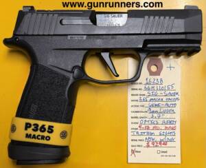 SIG-Sauer, new, P365 Macro Tacops, 9mm Luger caliber, semi auto pistol, 3.7” barrel, tritium sights, optics ready, 4-17 round magazines, 3 backstraps, new, w/box and all accessories.