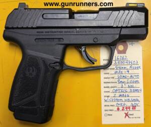 Ruger, used, Max-9, 9mm Luger caliber, semi auto pistol, 3” barrel, optics ready, 2 magazines, custom holster, with original box.