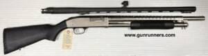 Mossberg, used, Model 500A, 12 gauge, pump shotgun, 3” chamber, 18.5” and 28” barrels, nickel finish on bear gun and 18” barrel, 28” barrel is parkerized and has 3 chokes.