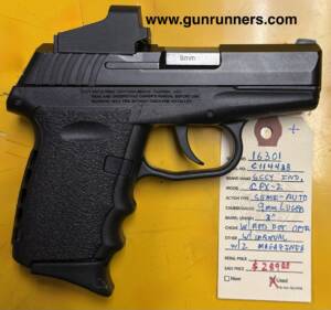 SCCY, used, Model CPX-2, 9mm Luger caliber, semi auto pistol, 3” barrel, red dot optic, factory owner’s manual, with 2 magazines.