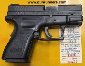 Springfield Armory, used, Model XD-9 sub compact, 9mm Luger caliber, semi auto pistol, 3” barrel, grip safety, cocking status indicator, loaded chamber indicator, manufactured in Croatia, with 1-10 round magazine.