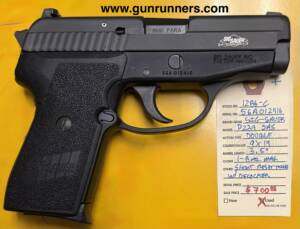 SIG-Sauer, used, Model P239 SAS, 9mm Luger caliber, double action revolver, semi auto pistol, 3.5” barrel, Short Reset Trigger (SRT), dim tritium sights, decocker, 1-8 round magazine.  This pistol is in excellent condition.