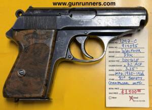 Walther, used, commercial PPK, .32ACP caliber, double action semi auto pistol, 3.25” barrel, early 90° safety, Crown N proof, manufactured 1935-1936, loaded chamber indicator, safety/decocker, with 1 magazine.  Pre-WWII production.