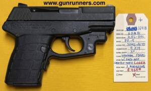 Kel-Tec, used, model PF-9, 9mm Luger caliber, hammer fired, semi auto pistol, 3” barrel, Crimson Trace red laser, 1 magazine, w/original box and manual.