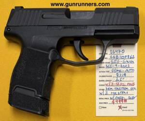 SIG-Sauer, used, Model 365-9-BXR3, 9mm Luger caliber, semi auto pistol, dim tritium sights, 3.1” barrel, 3-12 round magazines, 2 holsters, w/original box and accessories.