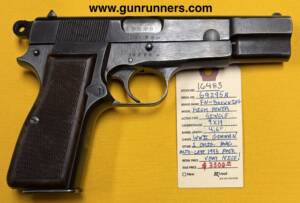 Browning, used, WWII German production High Power, 9mm Luger caliber, single action, semi auto pistol, 4.6” barrel, manufactured mid to late 1943, one original vintage magazine, matching “stacked” serial numbers on barrel, slide, and frame.   This pistol is in VERY NICE condition.
