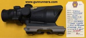 Trijicon, used, Model TA31F-G, 4X magnification, .223/5.56mm calibrated, fiber optics light tube, tritium backup, green chevron reticle, Bindon Aiming Concept, bullet drop compensated to 800 meters, ARMS Quick Detachable mount, original box.  This is an American manufactured, top quality, very bright, rugged optical sight, that you can bet your life on.