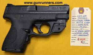 Smith & Wesson, used, M&P 40 Shield, .40S&W caliber, semi auto pistol, manual safety, Crimson Trace green laser, 3” barrel, w/one 6+1 magazine.